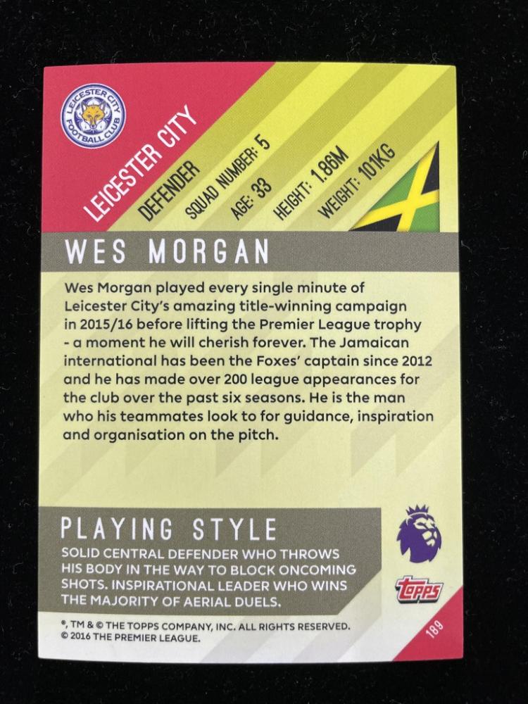 2017-18 Topps Premier League Gold Wes Morgan Leicester City collectible card numbered 01 out of 25
