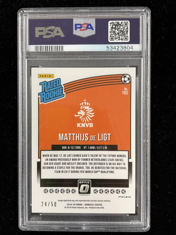 2018-19 Donruss Netherlands Matthijs de Ligt Rated Rookie Base Optic Red Velocity card serial numbered 24 of 50