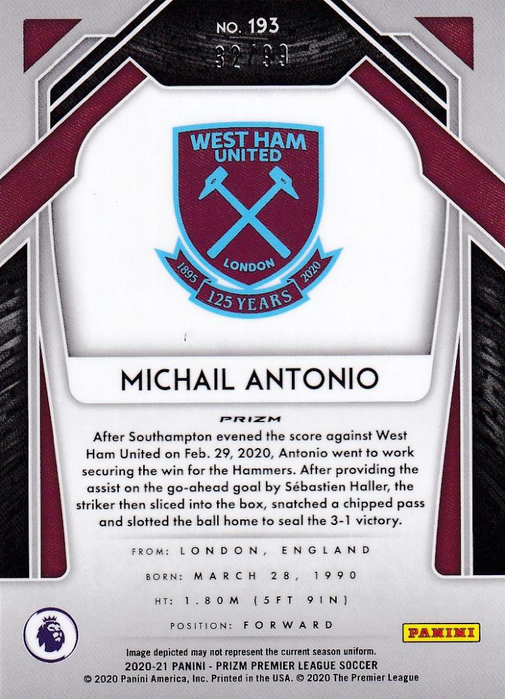 2020-21 Panini Prizm Premier League Breakaway West Ham United Michail Antonio Violet Parallel card 32 of 99