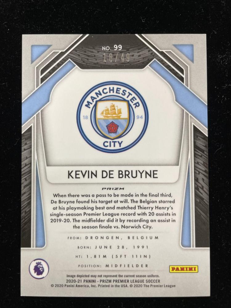 2020-21 Panini Prizm Premier League Kevin De Bruyne Base Teal Parallel card numbered 18 of 49 from Manchester City