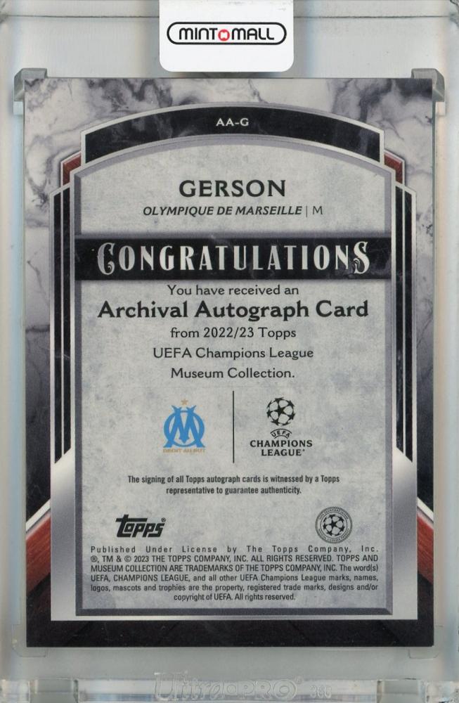 2022-23 Topps Museum Collection UEFA Champions League Gerson Archival Autographs Gold #AA-G 17/50 Olympique de Marseille