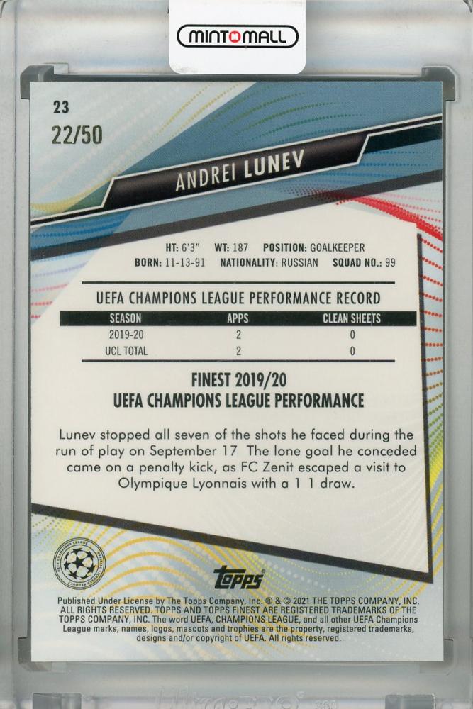 2020-21 Topps Finest UEFA Champions League FC Zenit Andrei Lunev Base Gold parallel card numbered 22 of 50