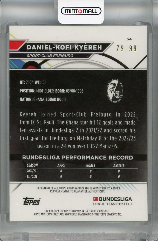 2022-23 Topps Finest Bundesliga Sport-Club Freiburg Daniel-Kofi Kyereh Autographs Purple #88 (Parallel Version) RC(ROOKIE YEAR!) 7
