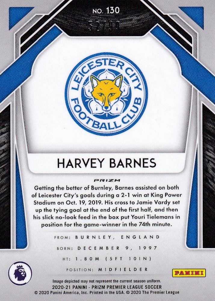 2020-21 Panini Prizm Premier League Leicester City Harvey Barnes Base Purple Parallel Edition card number 52 of 99
