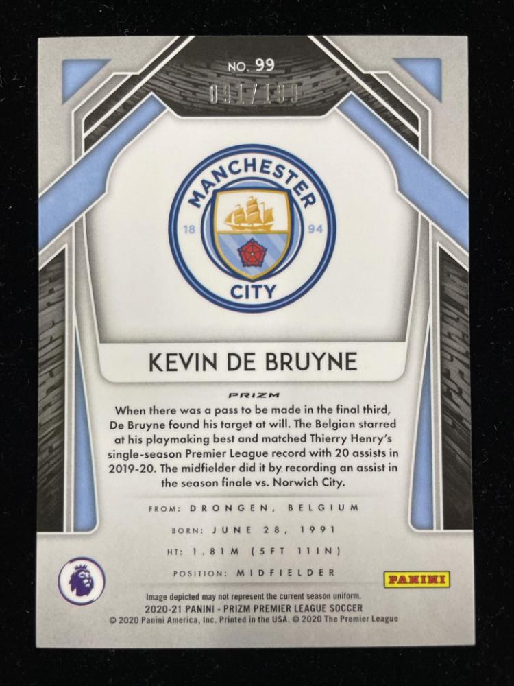 2020-21 Panini Prizm Premier League Manchester City Kevin De Bruyne Base Blue card serial numbered 091 of 199