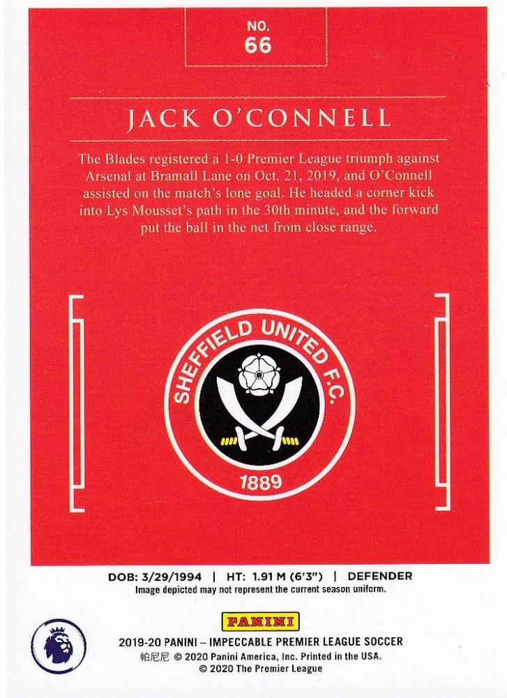 2019-20 Panini Impeccable Premier League trading card featuring Sheffield United player Jack O