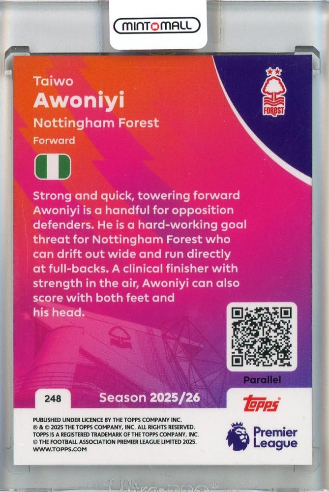 2025-26 Topps English Premier League Taiwo Awoniyi Orange Rainbow Foil #24809/25 Nottingham Forest FC