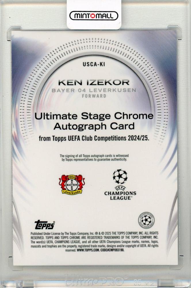 2024-25 Topps UEFA Club Competition Ken Izekor Ultimate Stage Chrome Autograph CardUSCA-KI Bayer 04 Leverkusen