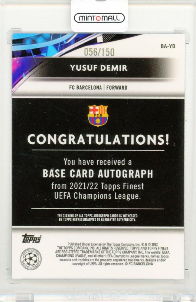 2021-22 Topps Finest UEFA Champions League Yusuf Demir Autograph Blue Refractor Parallel56/150 FC Barcelona