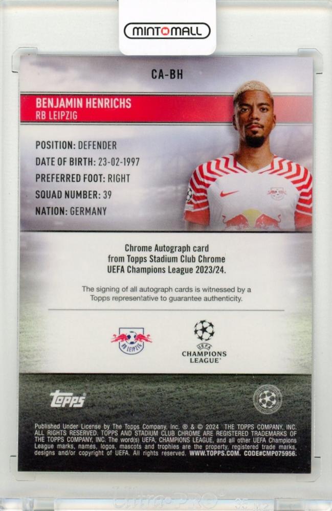 2023-24 Topps Stadium Club Chrome UEFA Benjamin Henrichs Autograph Gold Refractor Parallel1/50 RB Leipzig