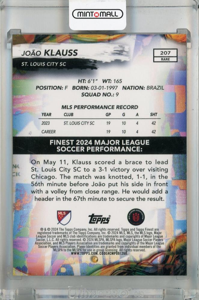 2024 Topps Finest MLS Joao Klauss Rare Aqua Refractor #20727/50 St. Louis City SC