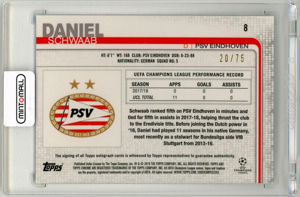 2018-19 Topps Chrome UEFA Champions League Daniel Schwaab Autograph Blue Wave Refractor Parallel20/75 PSV Eindhoven