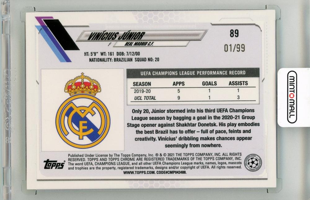 2020-21 TOPPS Chrome UEFA Champions League Vinicius Junior Neon Green Refractors #8901/99 Real Madrid CF