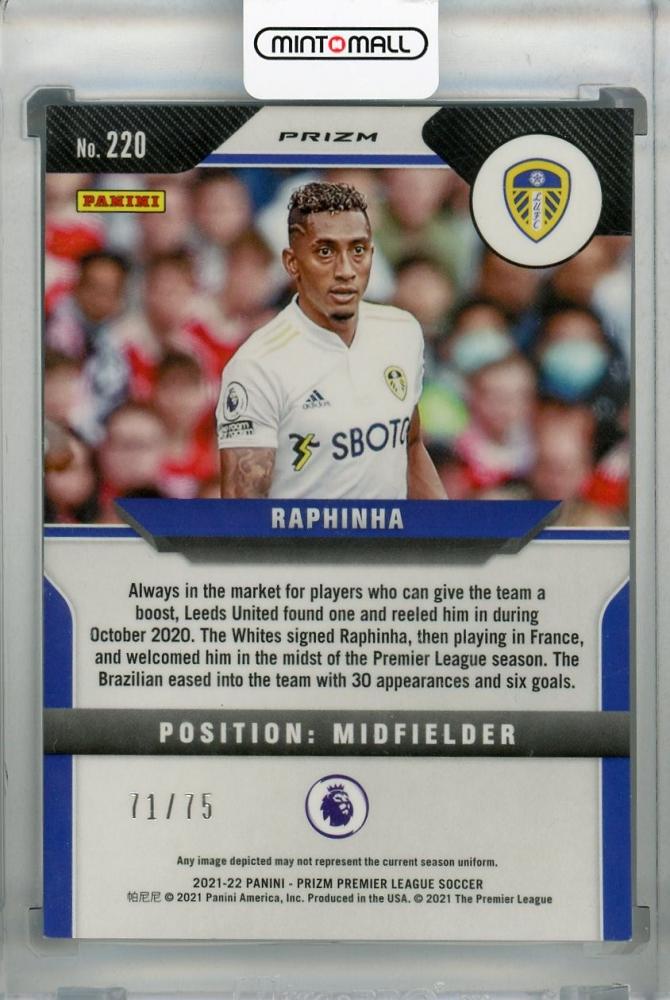 2021-22 Panini Prizm Premier League Leeds United Raphinha Base Blue Ice parallel card number 71 out of 75