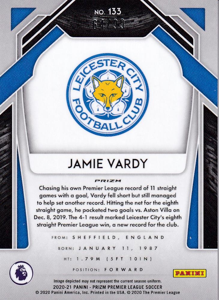 2020-21 Panini Prizm Premier League Breakaway Jamie Vardy Leicester City Base Violet Parallel card 64 of 99