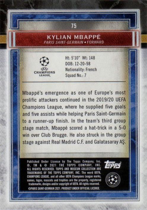 2020-21 Topps Museum Collection Kylian Mbappe 75 trading card featuring Mbappe in action
