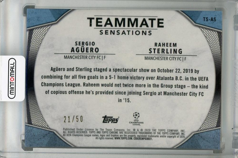 2019-20 Topps Chrome UEFA Champions League Gold Parallel card of Manchester City FC players Sergio Aguero and Raheem Sterling