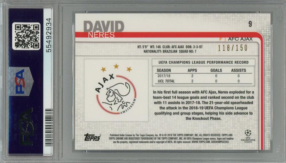 2018-19 Topps Chrome UEFA Champions League David Neres Blue Refractor #9118/150PSA9 AFC Ajax