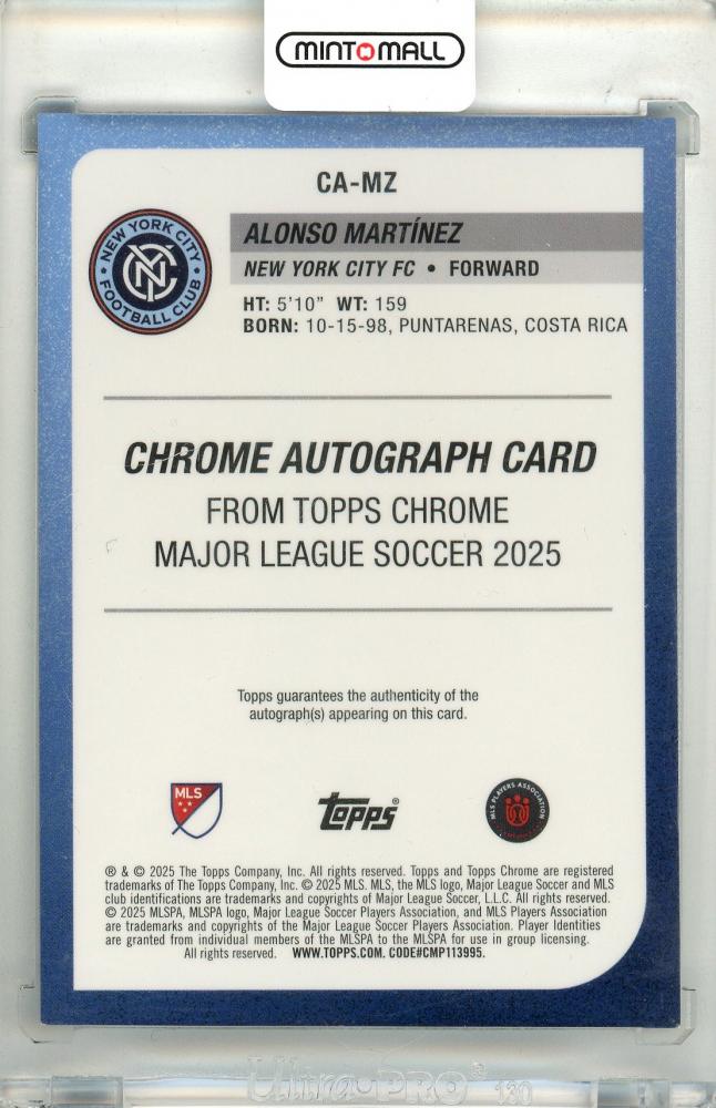 2025 Topps Chrome Major League Soccer Alonso Martinez #CA-MZ Chrome Autograph Blue Wave Parallel099/150 NewYork City