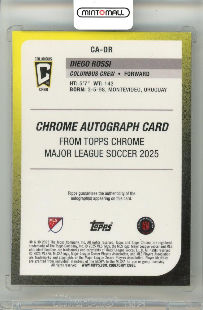 2025 Topps Chrome Major League Soccer Diego Rossi #CA-DR Chrome Autograph Gold Wave Parallel08/50 Cplumbus Crew