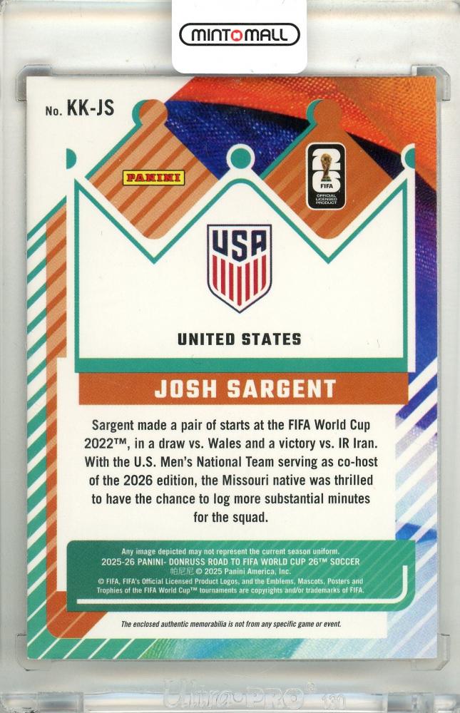 2025-26 Panini Donruss Road To FIFA World Cup 26 SOCCER Josh Sargent #KK-JS Kit Kings Memorabilia Blue Parallel United States