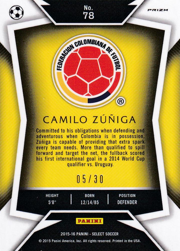2015 Panini Select Colombia Camilo Zuniga Base Tie Dye Parallel trading card numbered 05/30