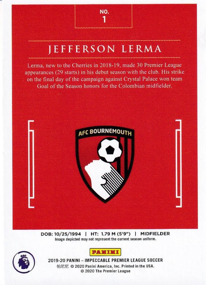 2019-20 Panini Impeccable Premier League Jefferson Lerma AFC Bournemouth gold base trading card numbered 01 of 20