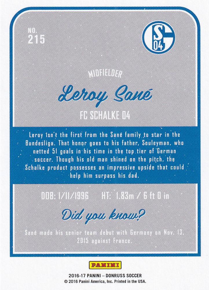 2016-17 Donruss FC Schalke 04 Leroy Sane Base card from Donruss Debuts Holographic parallels set