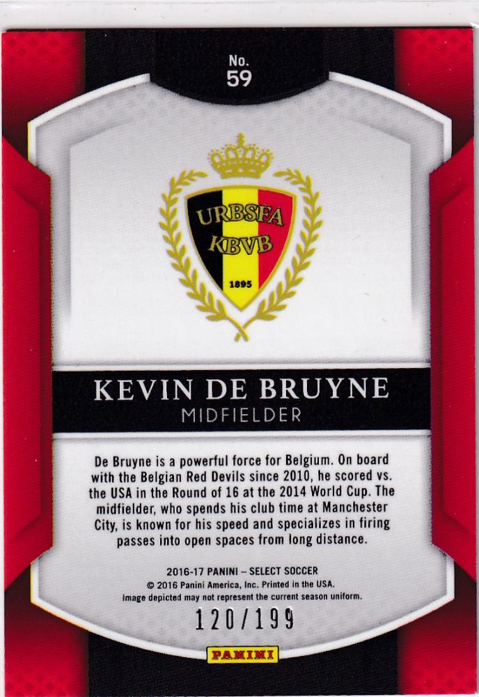 2016-17 Select Kevin De Bruyne Prizm Red soccer card numbered 120 of 199 with serial number 59
