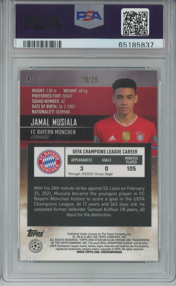 2020-21 Topps Stadium Club Chrome UEFA Champions League Soccer Jamal Musiala Base/Green-Yellow Electric/#41/RC19/75PSA8 FC Bayern