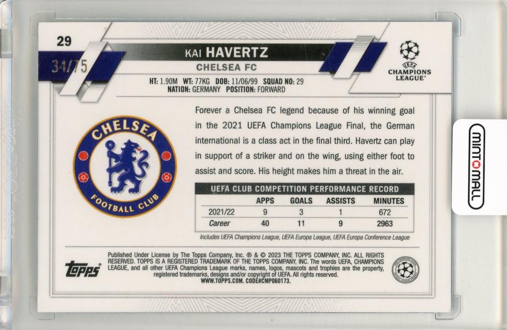 2022-23 Topps Chrome UEFA Club Competitions Kai Havertz Blue/Gold Seismic Refractors34/75 Chelsea FC