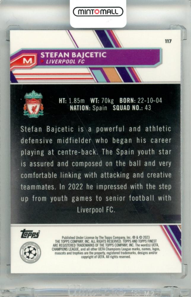 2022-23 Topps Finest UEFA Club Competition Stefan Bajcetic #117 Base Blue Aqua Vaporware Refractor Parallel015/250 Liverpool FC
