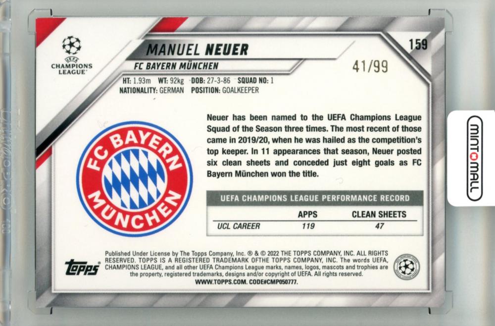 2022-23 Topps Uefa Club Competition Manuel Neuer #159 Base Blue Icy Parallel41/99 FC Bayern Munchen