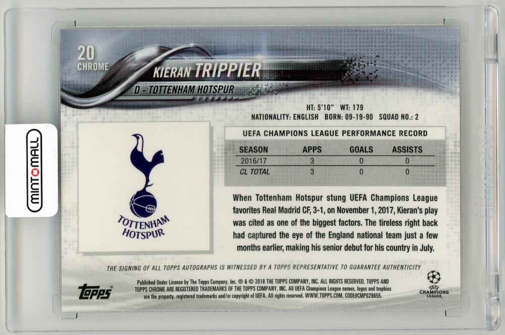 2017-18 Topps Chrome UEFA Champions League Kieran Trippier Autograph#20 Tottenham Hotspur