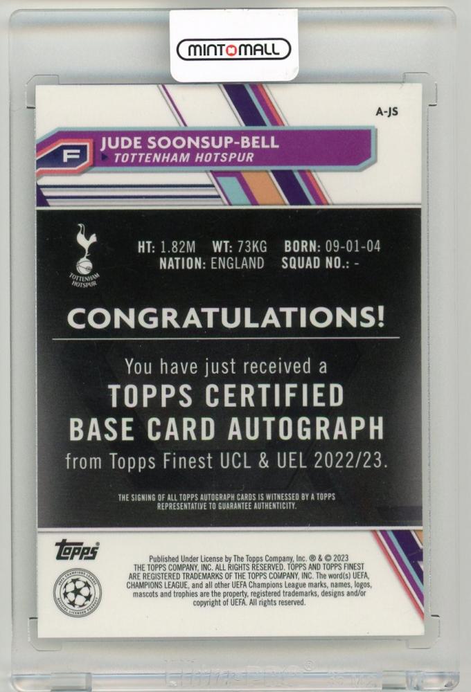 2022-23 Topps Finest UEFA Club Competitions Jude Soonsup-Bell AutographA-JS Tottenham Hotspur