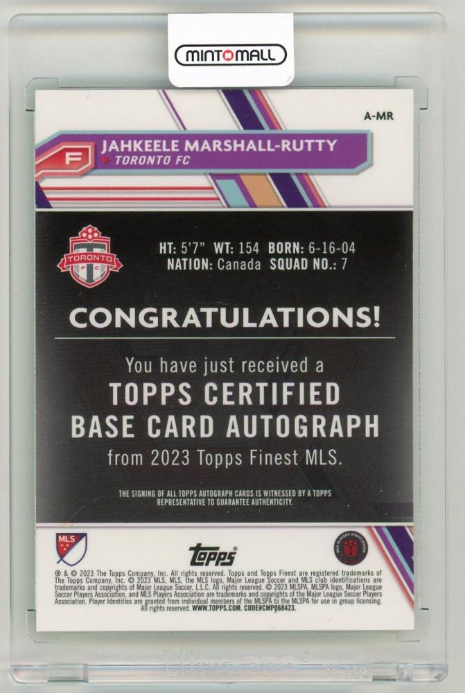 2023 Topps Finest MLS Jahkeele Marshall-Rutty Autograph Neon Green Refractor Parallel79/99 Toronto FC