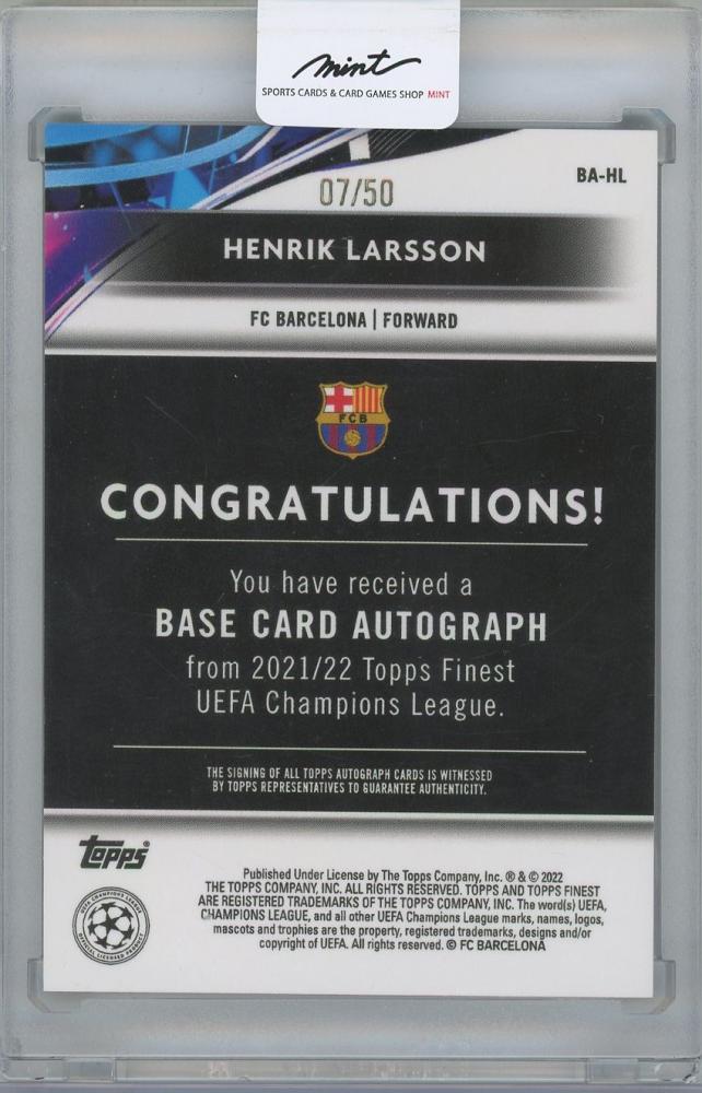 2021-22 TOPPS Finest UEFA Champions League Autographs Gold Refractors / HENRIK LARSSON(FC Barcelona) 07/50