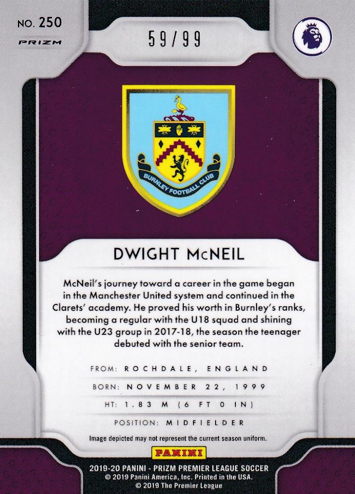 2019-20 Panini Prizm Premier League Burnley Dwight McNeil Purple Parallel card numbered 59 of 99