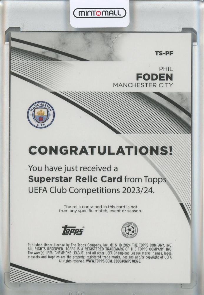 2023-24 Topps UEFA Club Competitions Phil Foden Superstar Relics #TSPF Manchester City