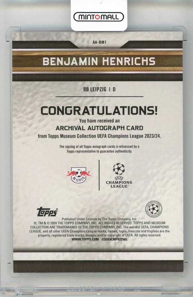 2023-24 TOPPS Museum Collection UEFA Champions League Benjamin Henrichs Archival Autographs Amethyst #AABM110/99 RB Leipzig