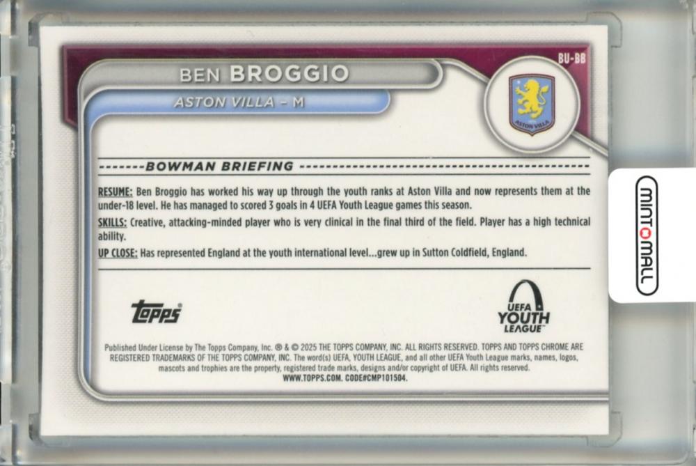 2024-25 Topps Chrome Competition Bowman Chrome Uefa Youth League Ben Broggio Base Refractor Aston Villa