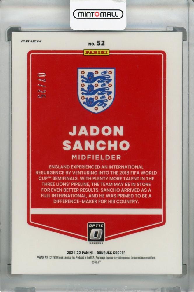 2021-22 Donruss Soccer Road to Qatar England Jadon Sancho Base Optic Black Velocity Parallel card numbered 07 of 25