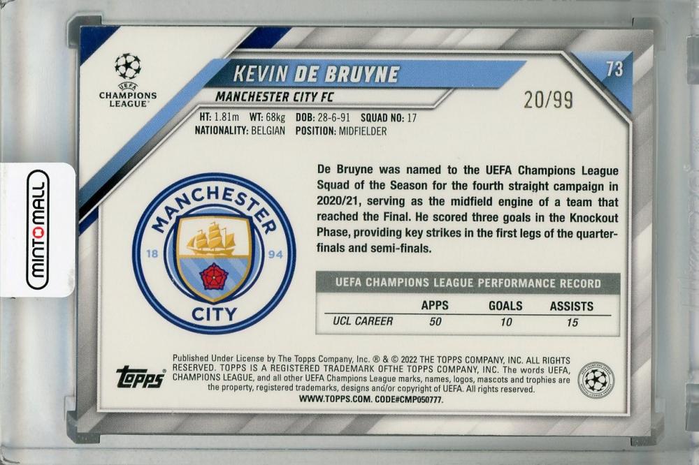 2021-22 Topps UEFA Champions League Kevin De Bruyne Manchester City Icy Blue Parallel trading card serial 20 of 99