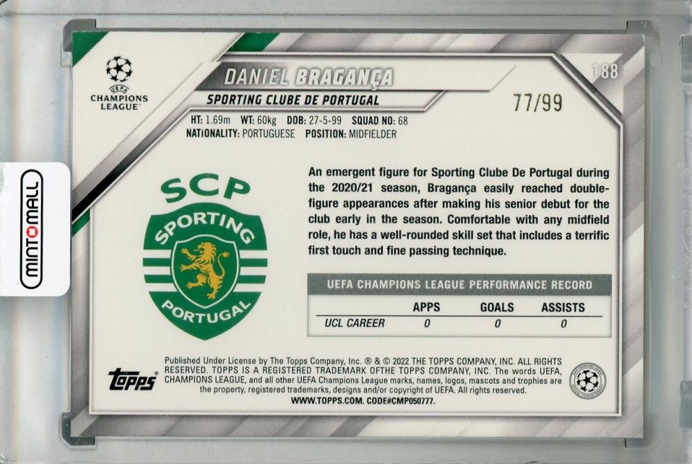 2021-22 Topps UEFA Champions League Daniel Braganca Sporting Clube De Portugal Icy Blue RC trading card number 77 of 99