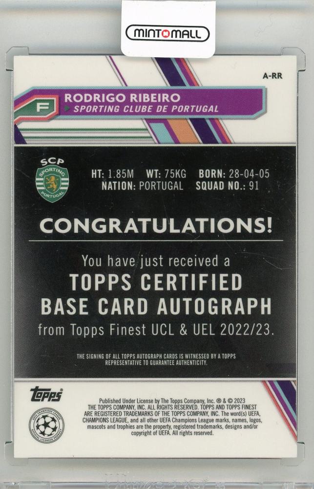 2022-23 TOPPS Finest UEFA Club Competitions Rodrigo Ribeiro Autographs #ARR Sporting Clube De Portugal