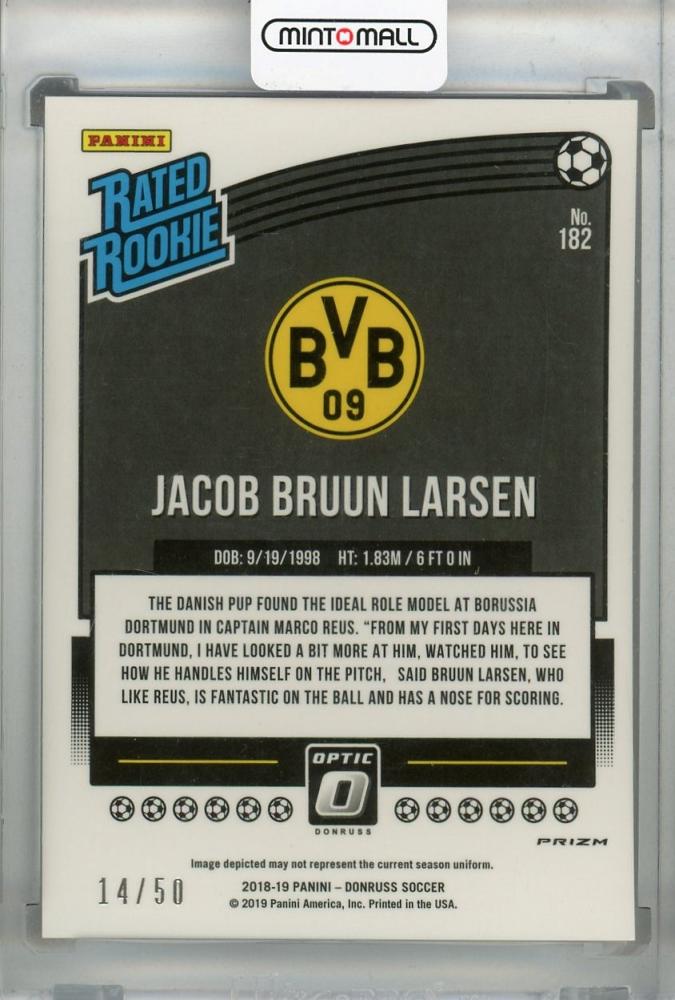 2018-19 Donruss Borussia Dortmund Jacob Bruun Larsen Base Optic Rated Rookie Red Velocity football trading card