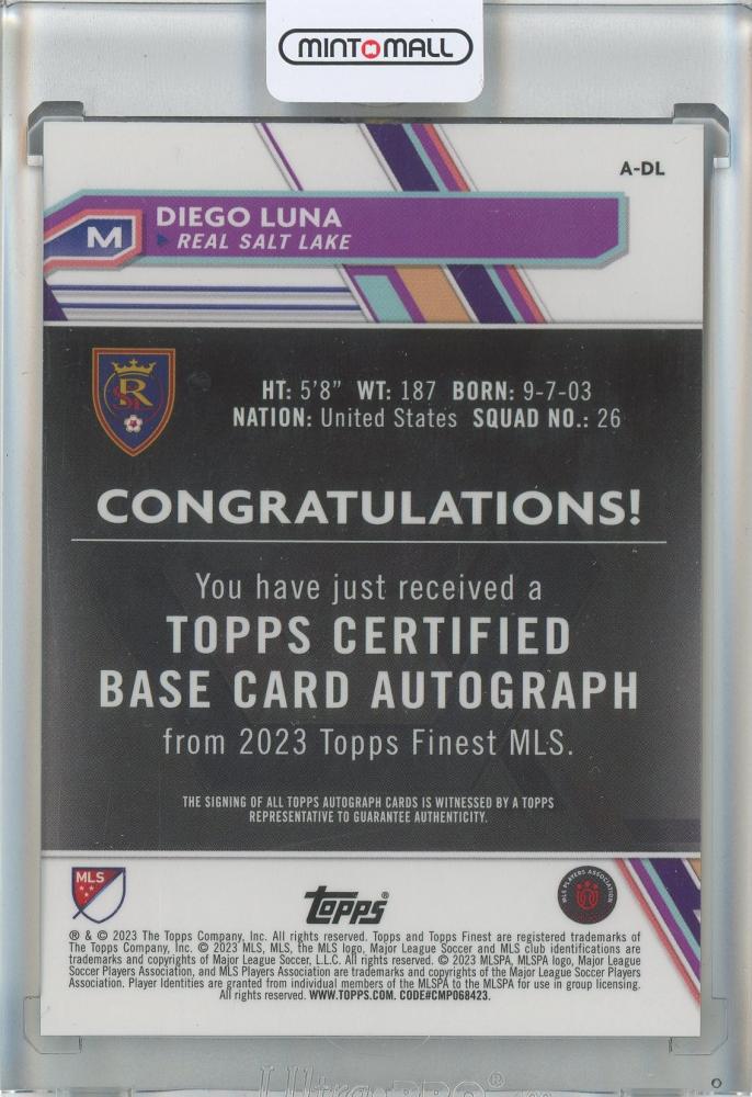 2023 Finest MLS Diego Luna Autographs #ADL Real Salt Lake