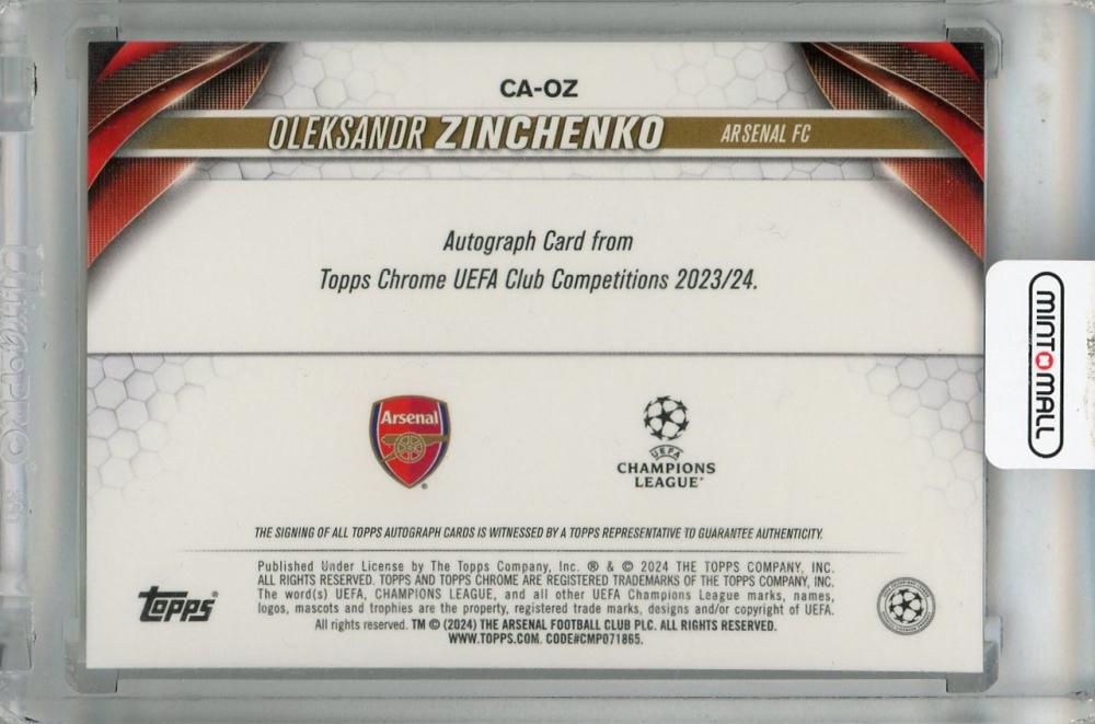 2023-24 Topps Chrome UEFA Club Competitions Oleksandr Zinchenko Chrome Autographs Black Refractor #CA-OZ06/10 Arsenal FC