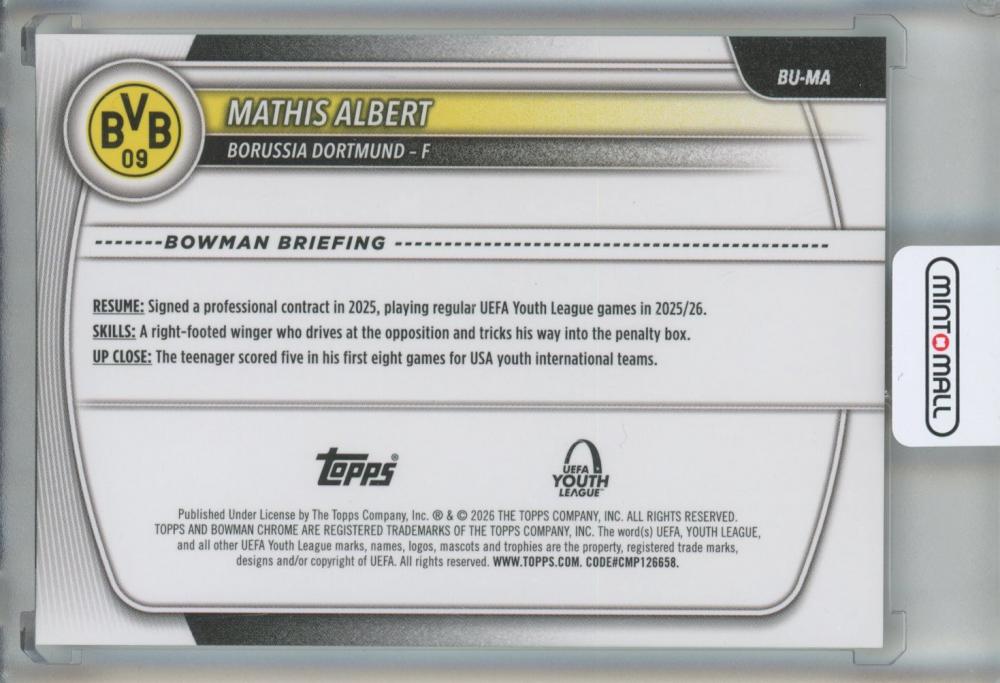 2025-26 Topps Chrome UEFA Club Competitions Mathis Albert 1st Bowman Refractor #BUMA Borussia Dortmund