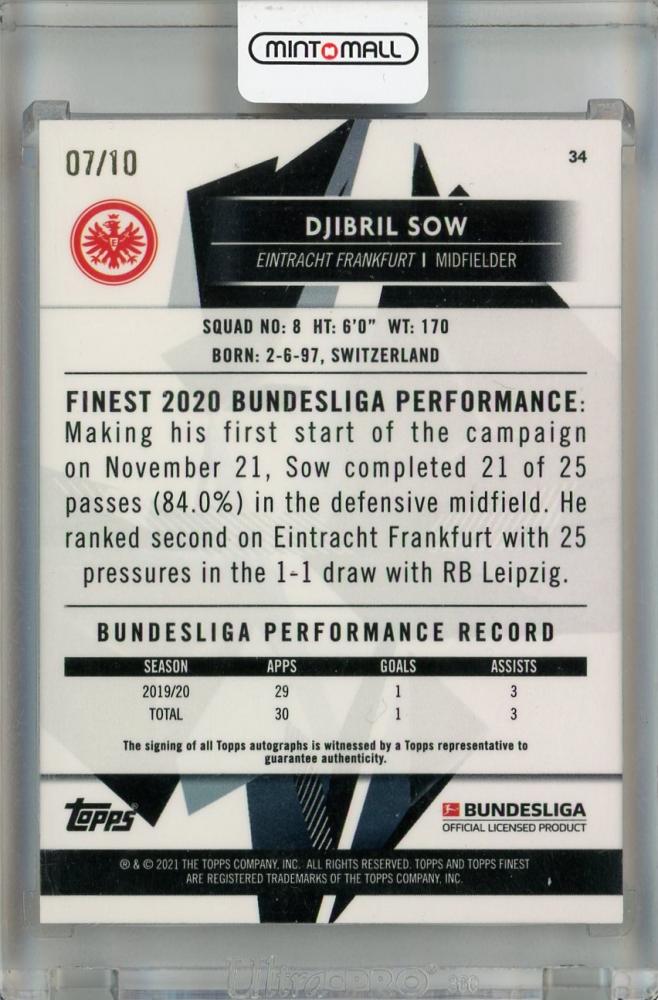 2020-21 Topps Finest Bundesliga Djibril Sow Base Autographs Orange Wave #3407/10 EINTRACHT FRANKFURT